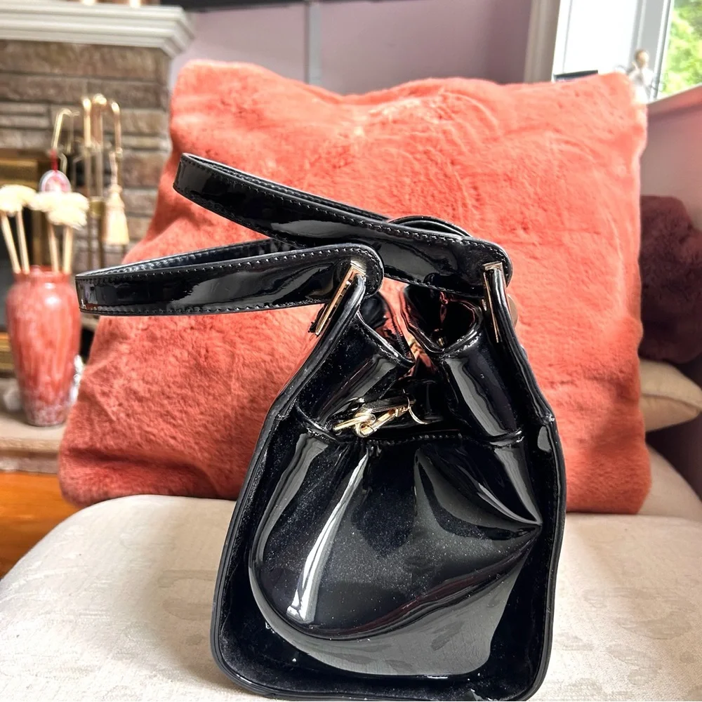 Faux Black Patent Leather Satchel with Gold Hardware, Handles and Crossbody